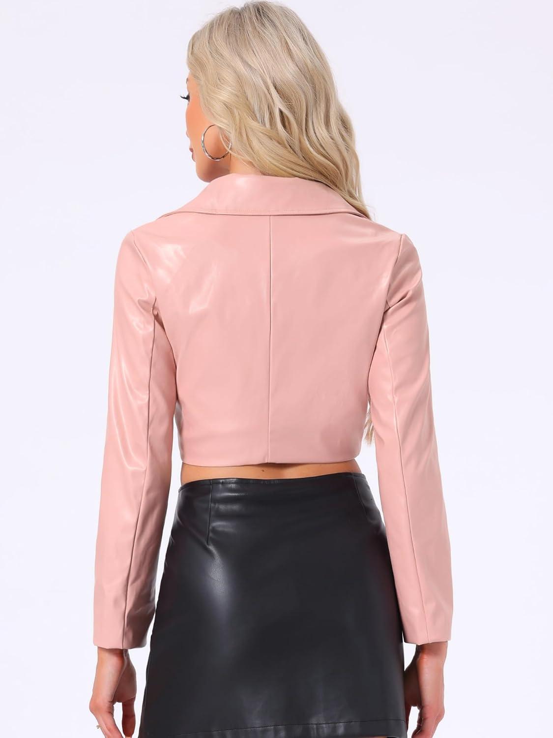 imageAllegra K Womens Faux Leather Long Sleeve Zipper Up Moto Cropped JacketLight Pink