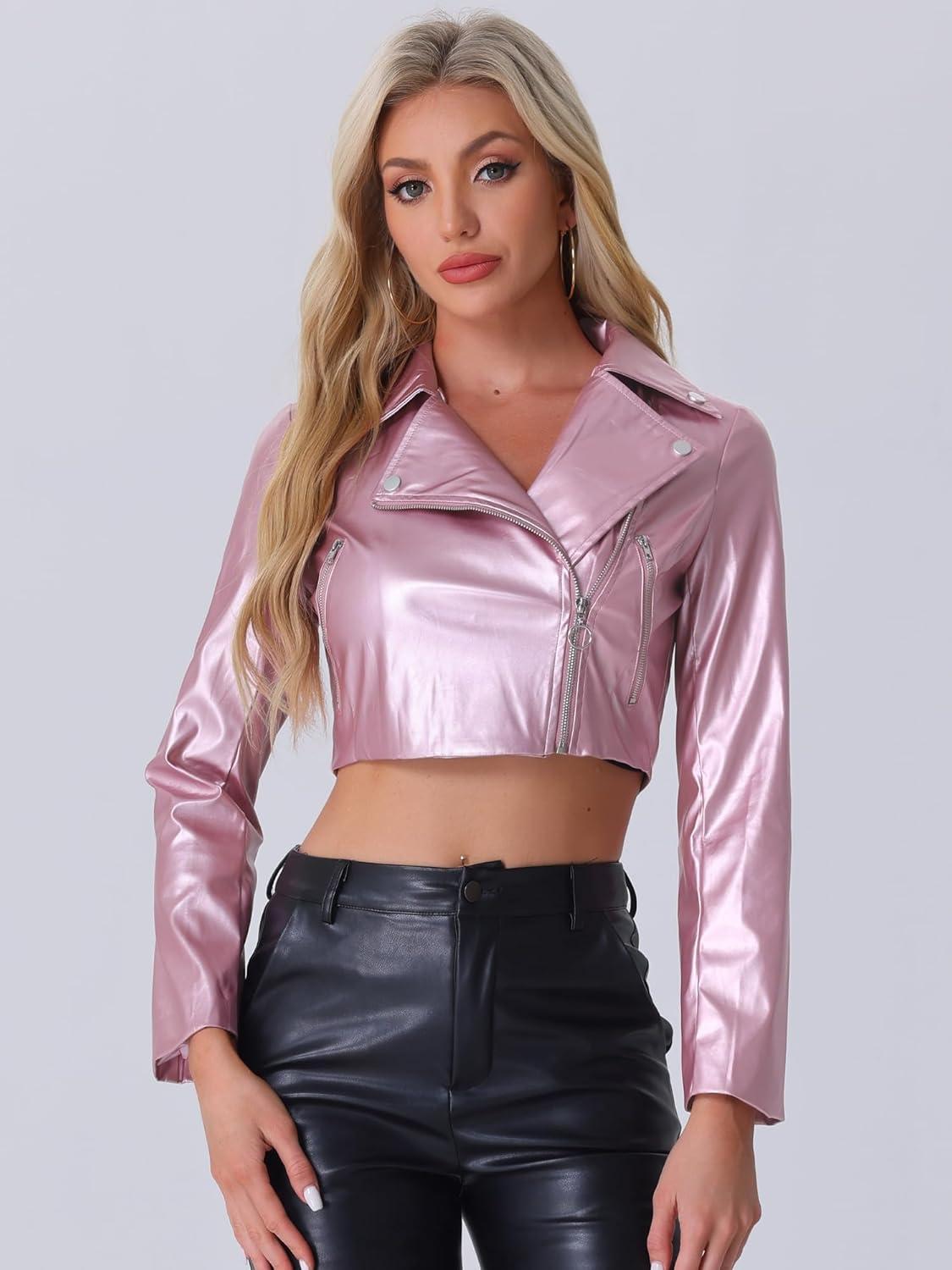 imageAllegra K Womens Faux Leather Long Sleeve Zipper Up Moto Cropped JacketPink