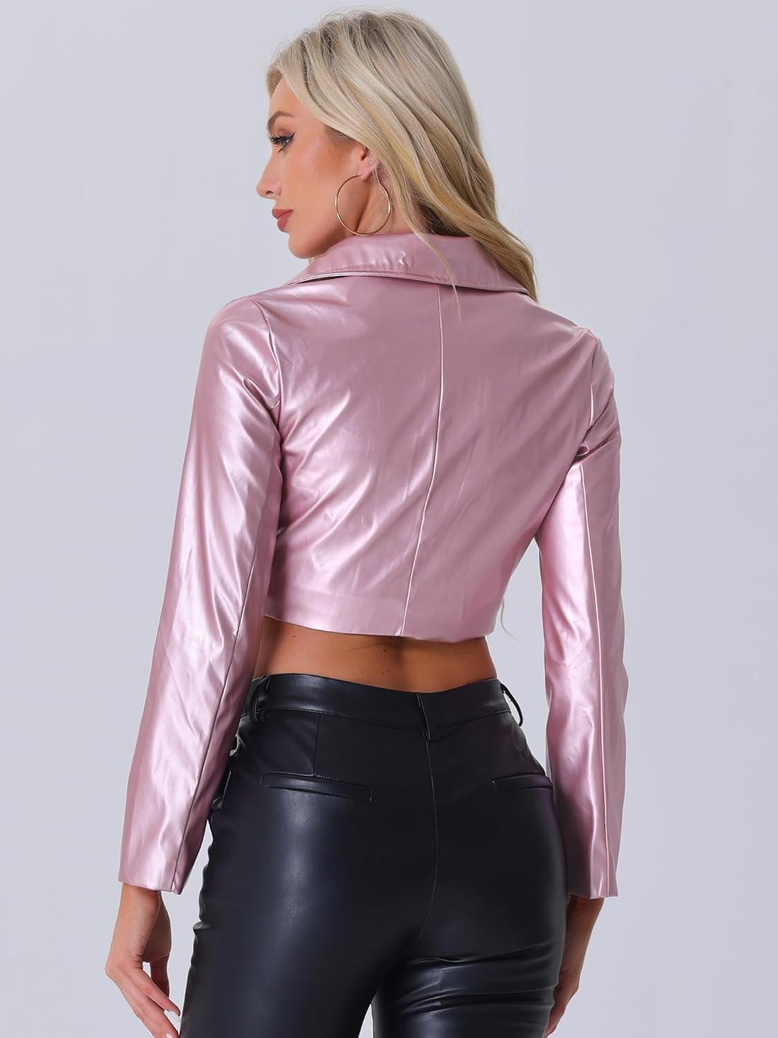 imageAllegra K Womens Faux Leather Long Sleeve Zipper Up Moto Cropped JacketPink