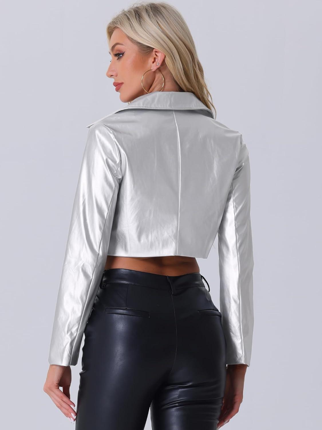 imageAllegra K Womens Faux Leather Long Sleeve Zipper Up Moto Cropped JacketSilver