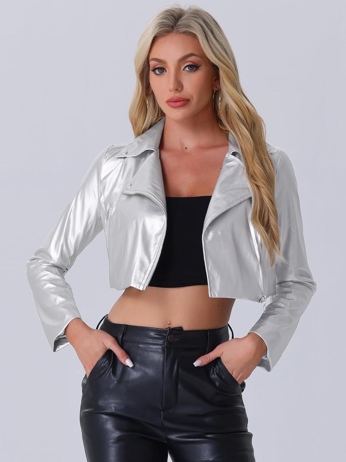 imageAllegra K Womens Faux Leather Long Sleeve Zipper Up Moto Cropped JacketSilver