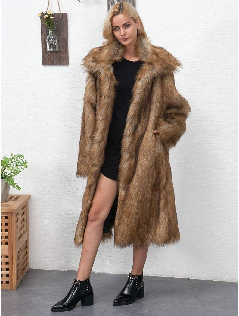 imageRomanticDesign Womens Long Lapel Faux fur Jacket Shaggy Coat Warm Outerwear CardiganBrown