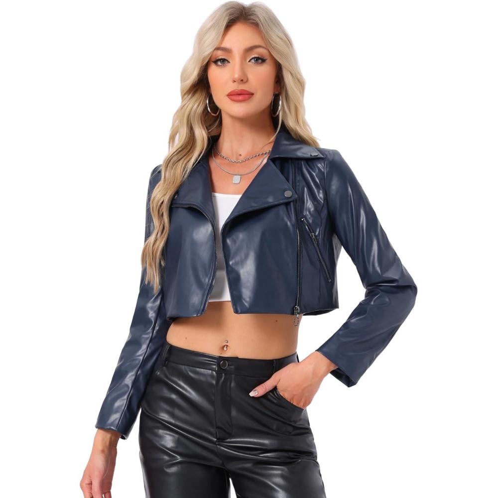 imageAllegra K Womens Faux Leather Long Sleeve Zipper Up Moto Cropped JacketDark Blue