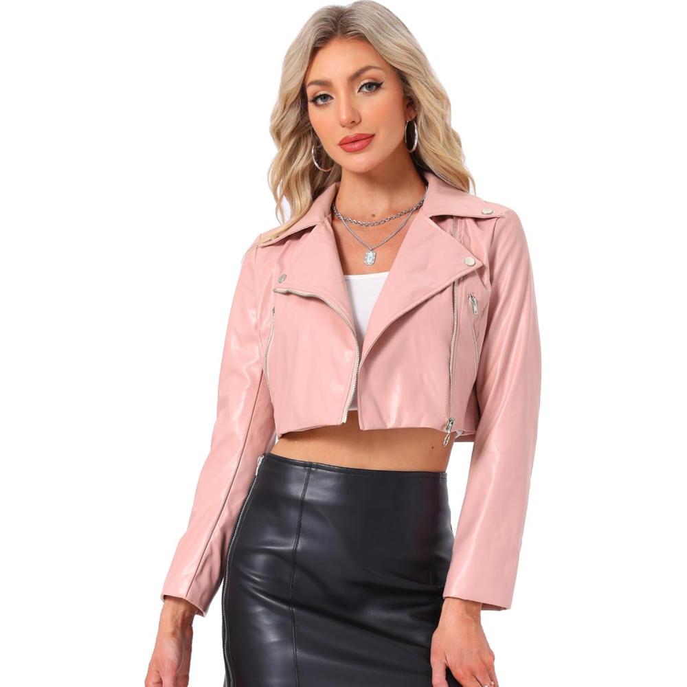 imageAllegra K Womens Faux Leather Long Sleeve Zipper Up Moto Cropped JacketLight Pink
