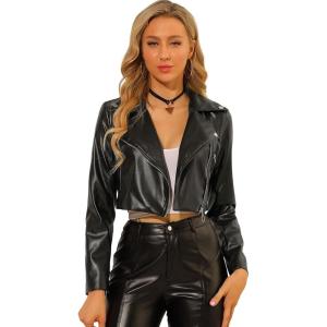 Allegra K Women’s Faux Leather Long Sleeve Zipper Up Moto Cropped Jacket(Black)
