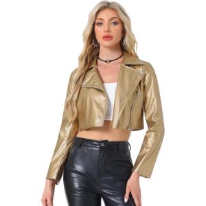 Allegra K Women’s Faux Leather Long Sleeve Zipper Up Moto Cropped Jacket(Gold)