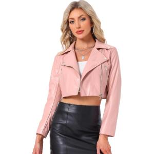 Allegra K Women’s Faux Leather Long Sleeve Zipper Up Moto Cropped Jacket(Light Pink)