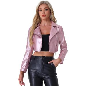 Allegra K Women’s Faux Leather Long Sleeve Zipper Up Moto Cropped Jacket(Pink)