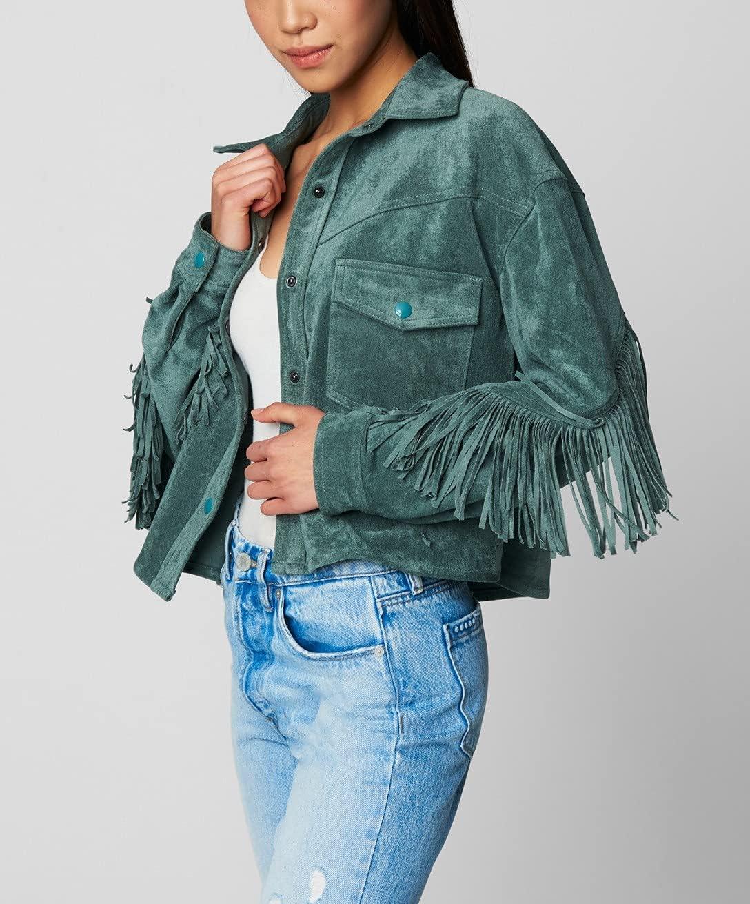 imageBLANKNYC Womens Hot Cocoa Faux Suede Fringe JacketOlive Branch