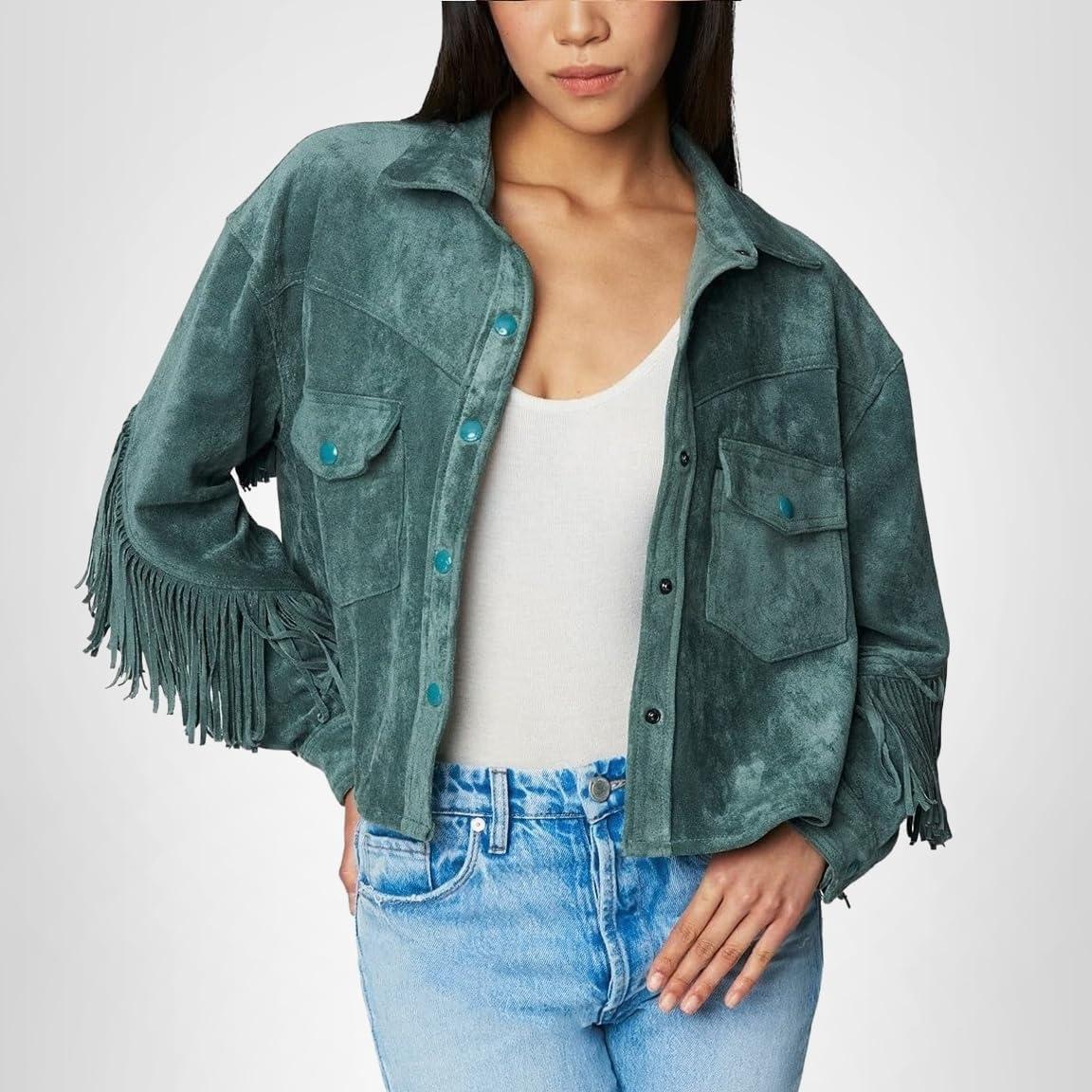 imageBLANKNYC Womens Hot Cocoa Faux Suede Fringe JacketOlive Branch