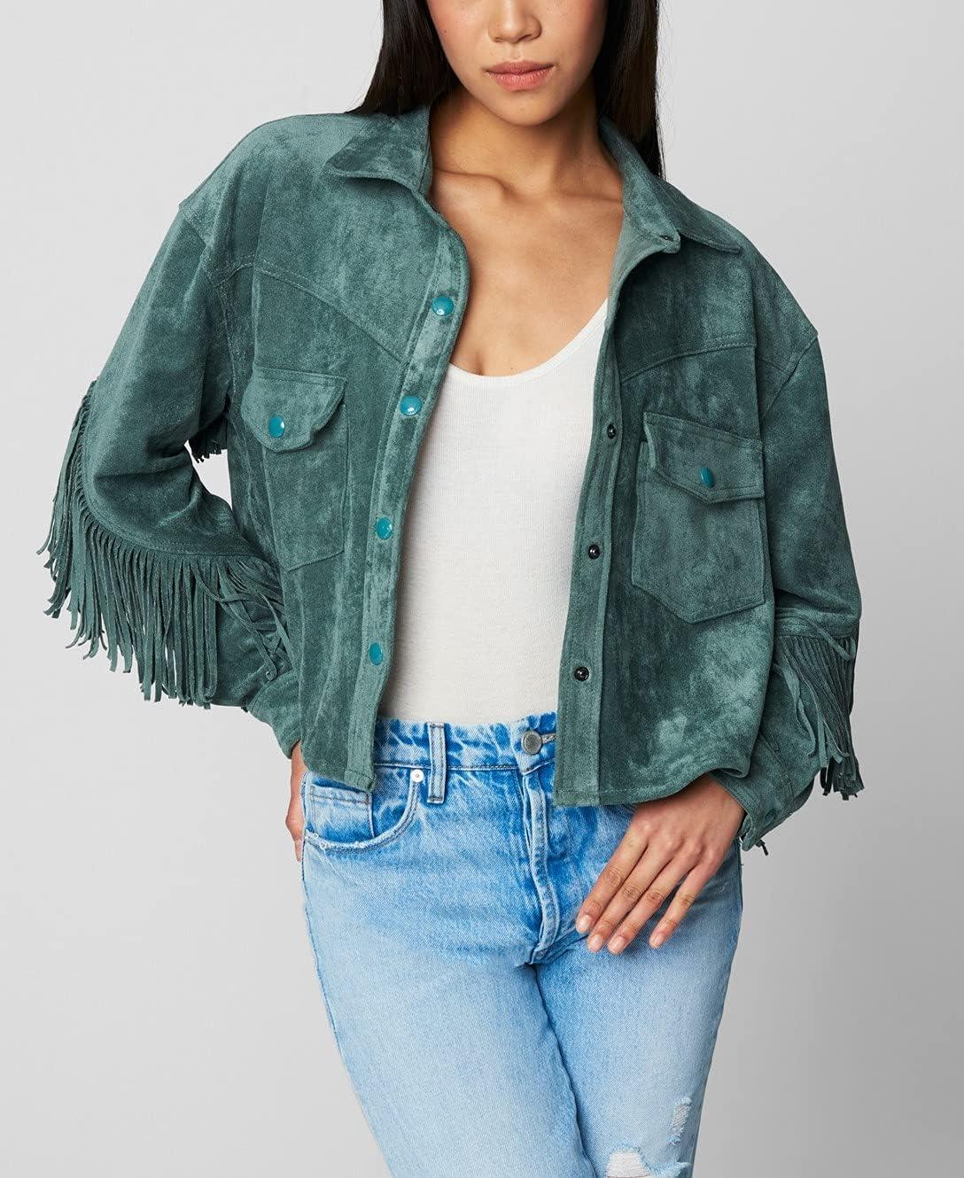 imageBLANKNYC Womens Hot Cocoa Faux Suede Fringe JacketOlive Branch