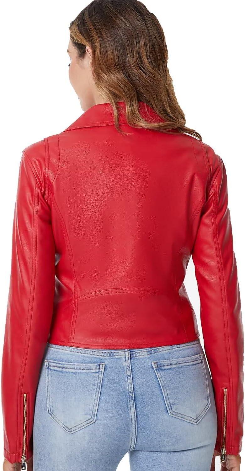 imageDIASHINY Faux Leather Jacket For Women Crop Short Cropped PU Slim Zip Up Moto Biker Coat Motorcycle Jackets013 Red