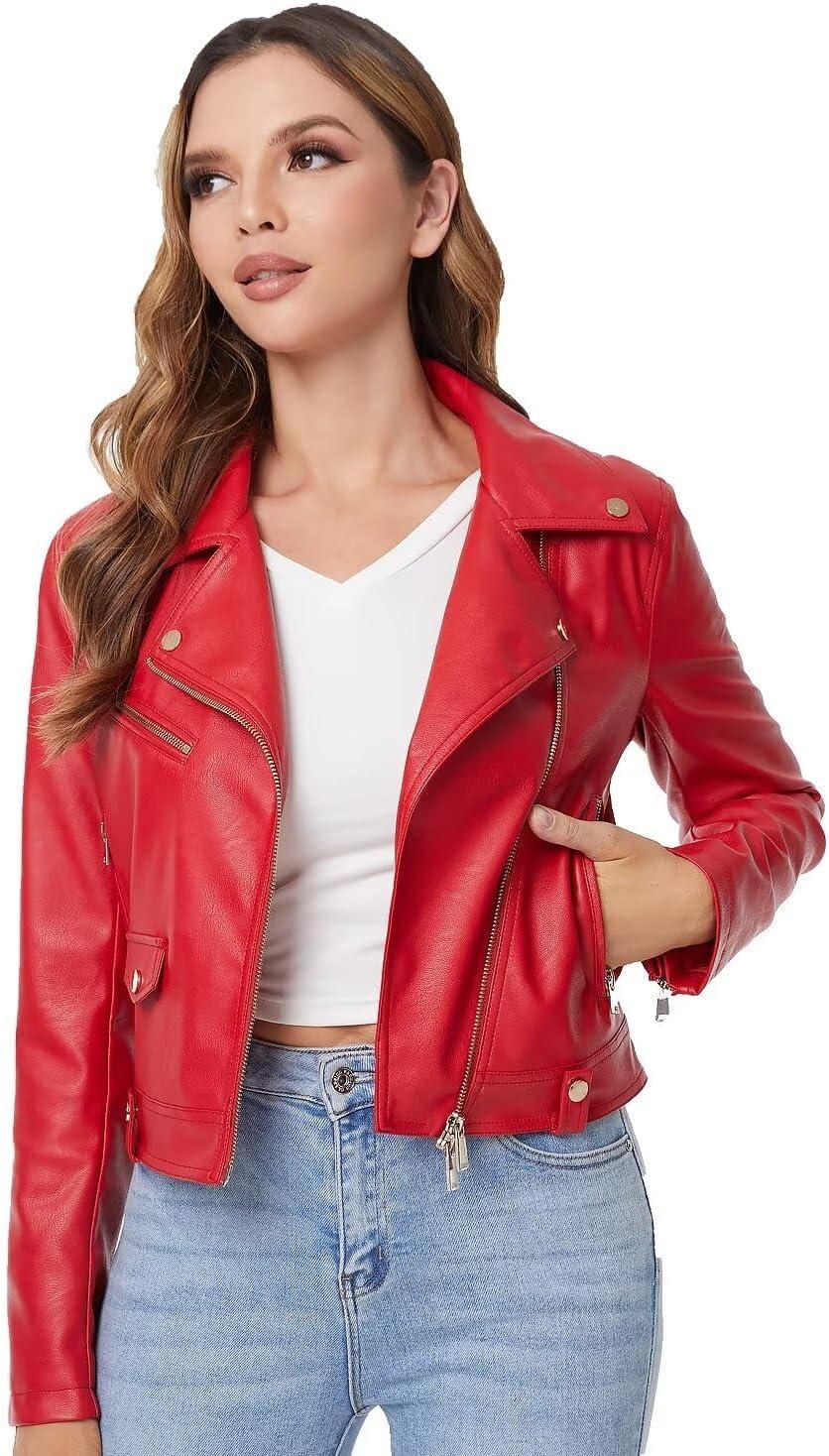 imageDIASHINY Faux Leather Jacket For Women Crop Short Cropped PU Slim Zip Up Moto Biker Coat Motorcycle Jackets013 Red
