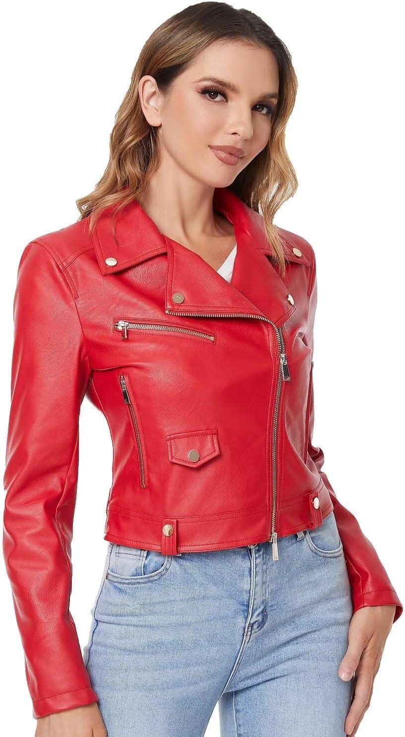 imageDIASHINY Faux Leather Jacket For Women Crop Short Cropped PU Slim Zip Up Moto Biker Coat Motorcycle Jackets013 Red