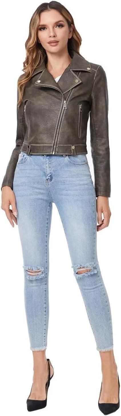 imageDIASHINY Faux Leather Jacket For Women Crop Short Cropped PU Slim Zip Up Moto Biker Coat Motorcycle Jackets014 Brown