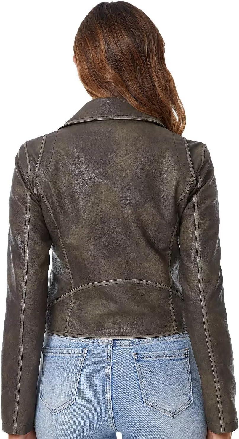 imageDIASHINY Faux Leather Jacket For Women Crop Short Cropped PU Slim Zip Up Moto Biker Coat Motorcycle Jackets014 Brown