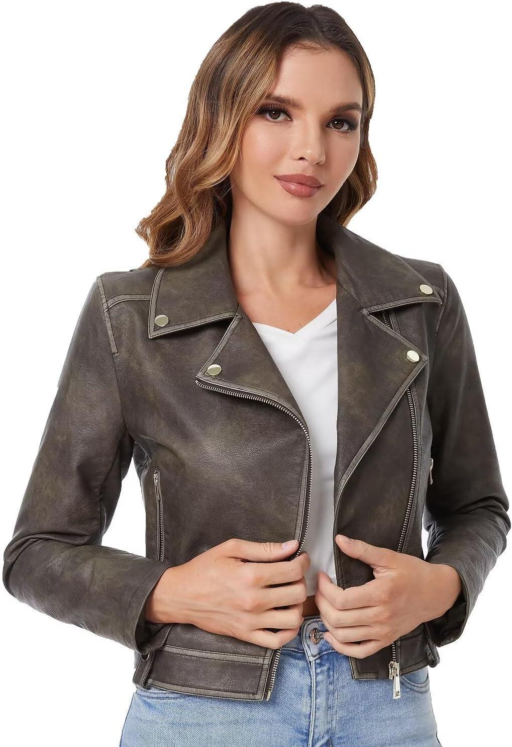 imageDIASHINY Faux Leather Jacket For Women Crop Short Cropped PU Slim Zip Up Moto Biker Coat Motorcycle Jackets014 Brown