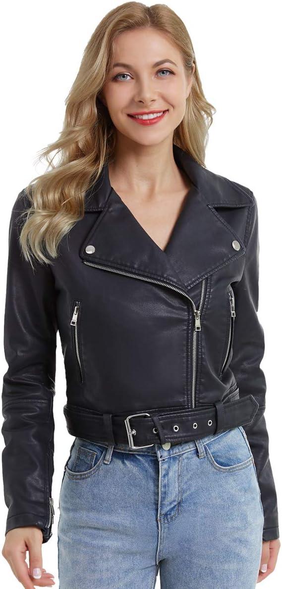 imageDIASHINY Faux Leather Jacket For Women Crop Short Cropped PU Slim Zip Up Moto Biker Coat Motorcycle Jackets036 Black