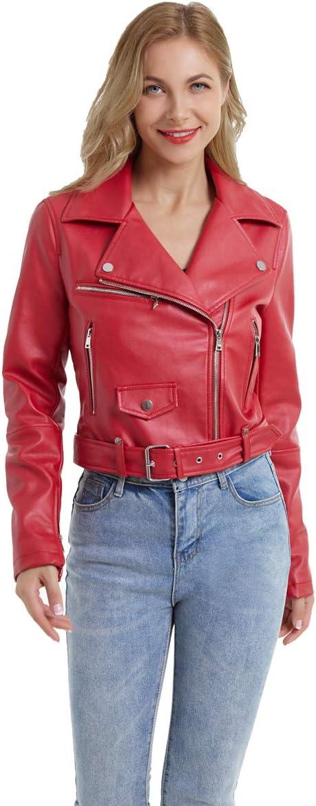 imageDIASHINY Faux Leather Jacket For Women Crop Short Cropped PU Slim Zip Up Moto Biker Coat Motorcycle Jackets036 Red