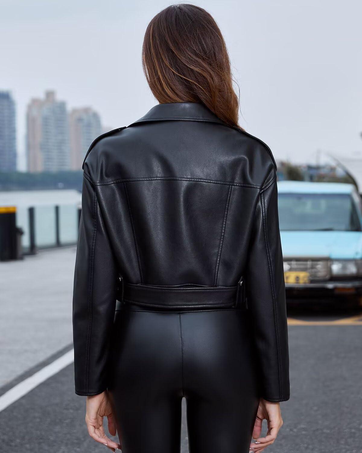 imageDIASHINY Faux Leather Jacket For Women Crop Short Cropped PU Slim Zip Up Moto Biker Coat Motorcycle Jackets127 Black