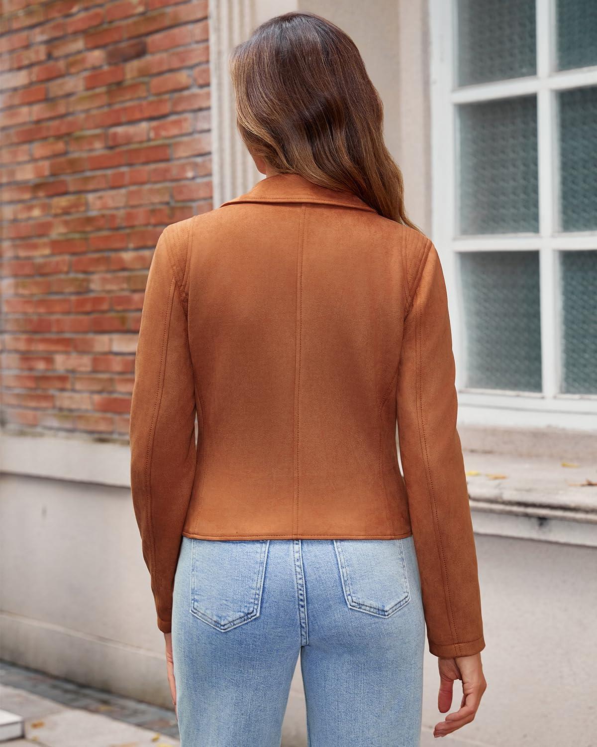 imageDIASHINY Faux Leather Jacket For Women Crop Short Cropped PU Slim Zip Up Moto Biker Coat Motorcycle Jackets143 Light Brown