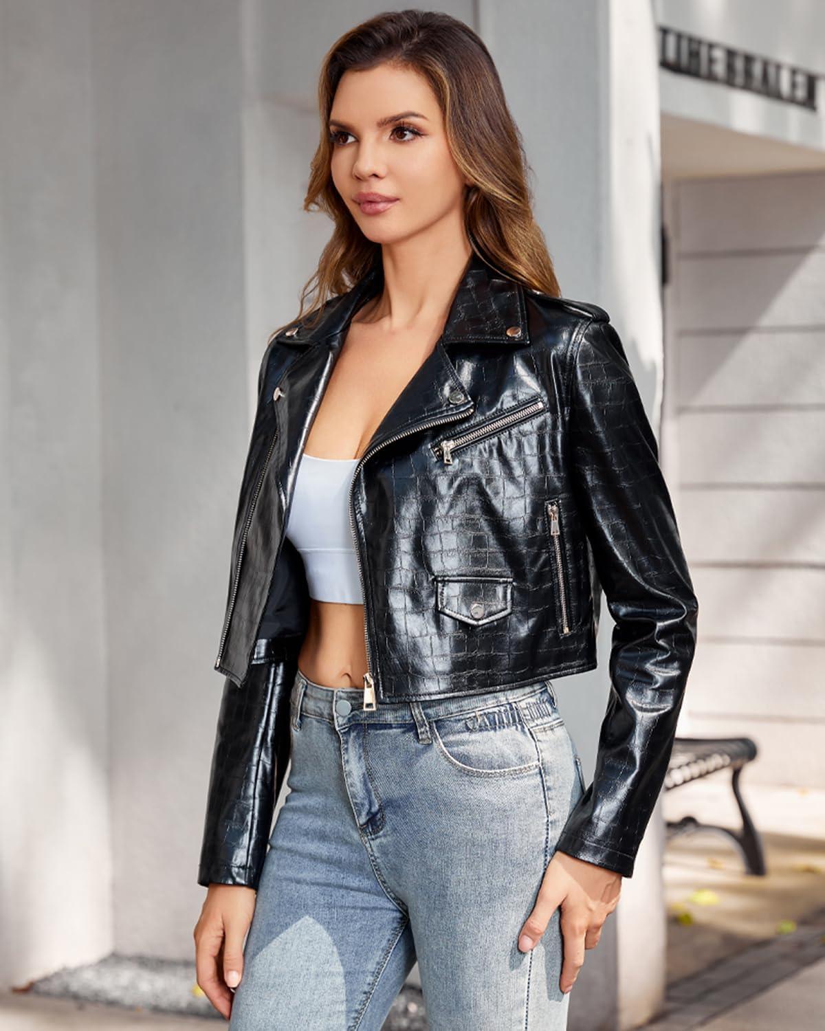imageDIASHINY Faux Leather Jacket For Women Crop Short Cropped PU Slim Zip Up Moto Biker Coat Motorcycle Jackets146 Black