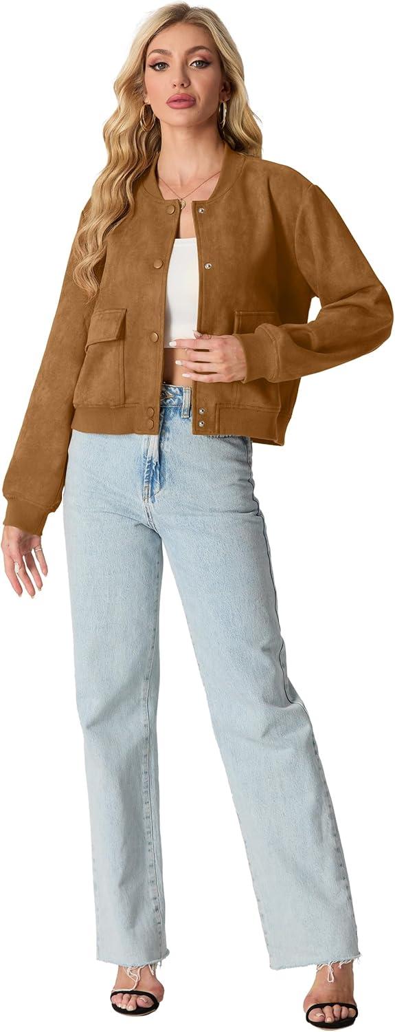 imageGRECERELLE Womens Faux Suede Leather Bomber Jacket Cropped Button Down Long Sleeve Casual Varsity Baseball With PocketsCamel