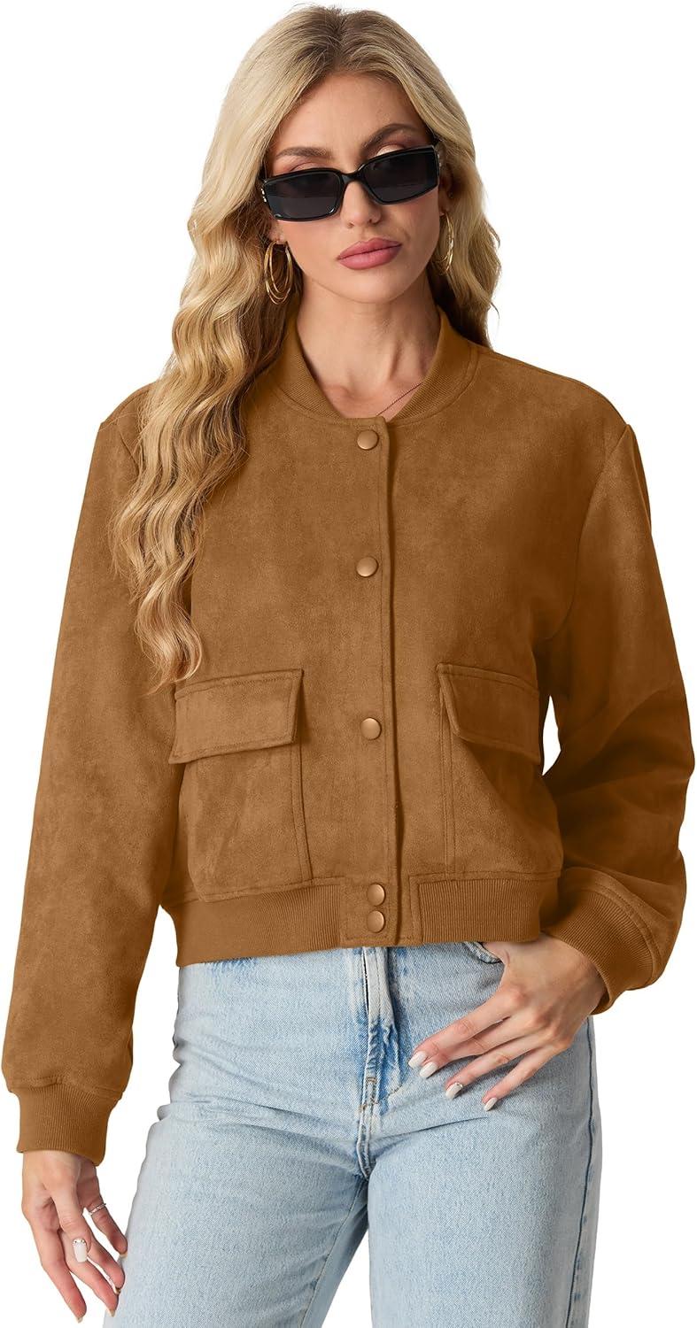 imageGRECERELLE Womens Faux Suede Leather Bomber Jacket Cropped Button Down Long Sleeve Casual Varsity Baseball With PocketsCamel