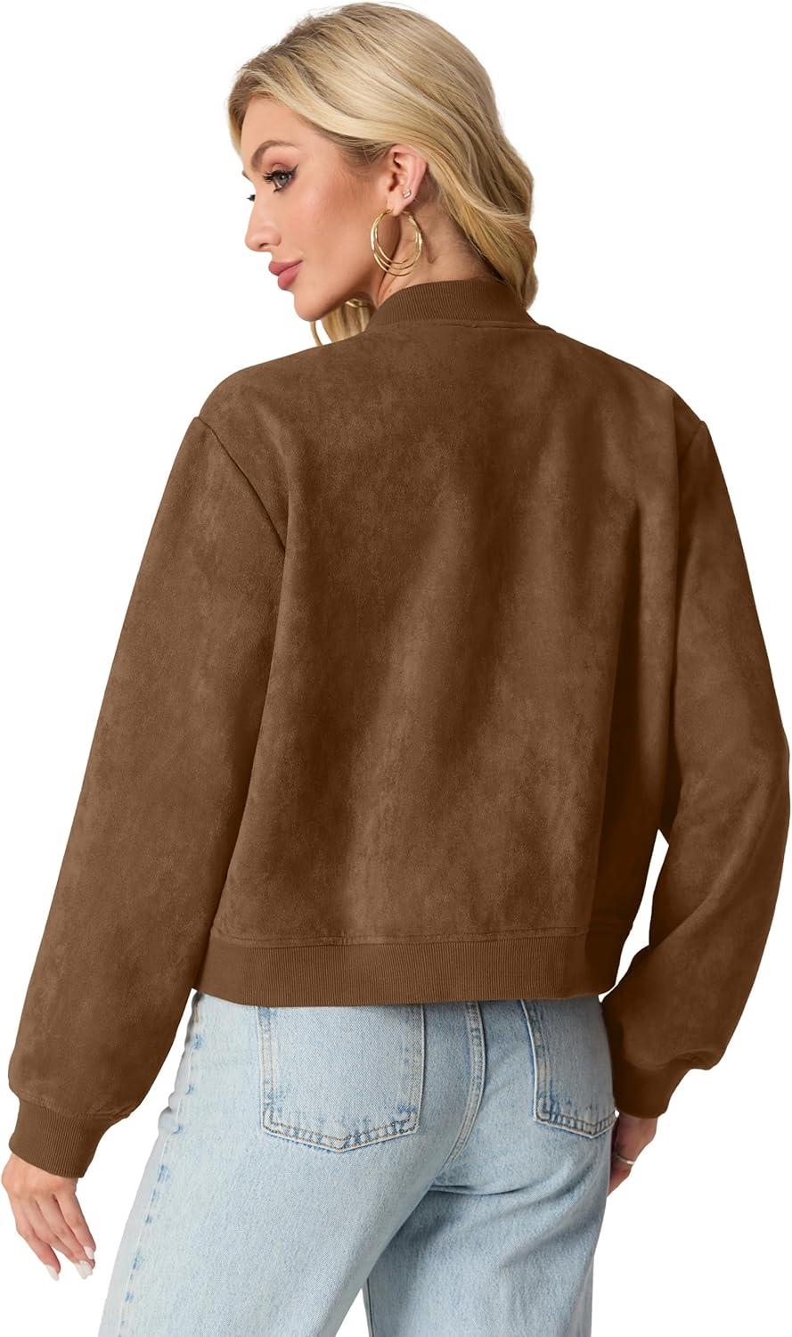 imageGRECERELLE Womens Faux Suede Leather Bomber Jacket Cropped Button Down Long Sleeve Casual Varsity Baseball With PocketsDark Coffee