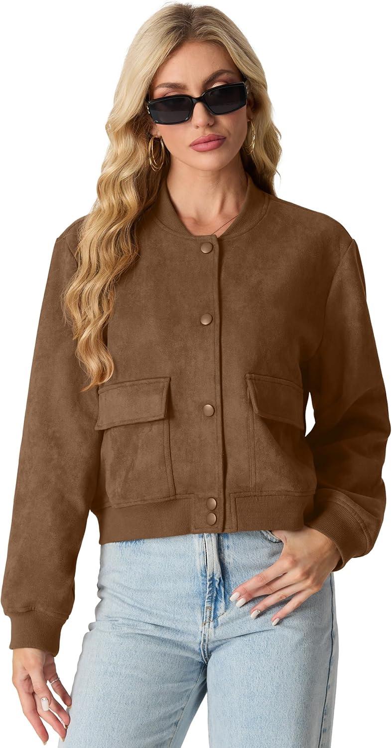 imageGRECERELLE Womens Faux Suede Leather Bomber Jacket Cropped Button Down Long Sleeve Casual Varsity Baseball With PocketsDark Coffee