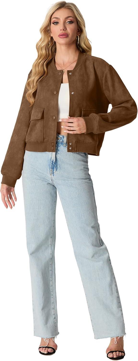imageGRECERELLE Womens Faux Suede Leather Bomber Jacket Cropped Button Down Long Sleeve Casual Varsity Baseball With PocketsDark Coffee