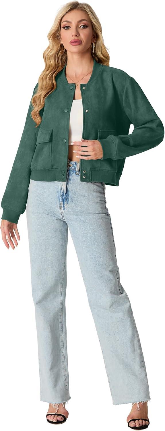 imageGRECERELLE Womens Faux Suede Leather Bomber Jacket Cropped Button Down Long Sleeve Casual Varsity Baseball With PocketsDark Green