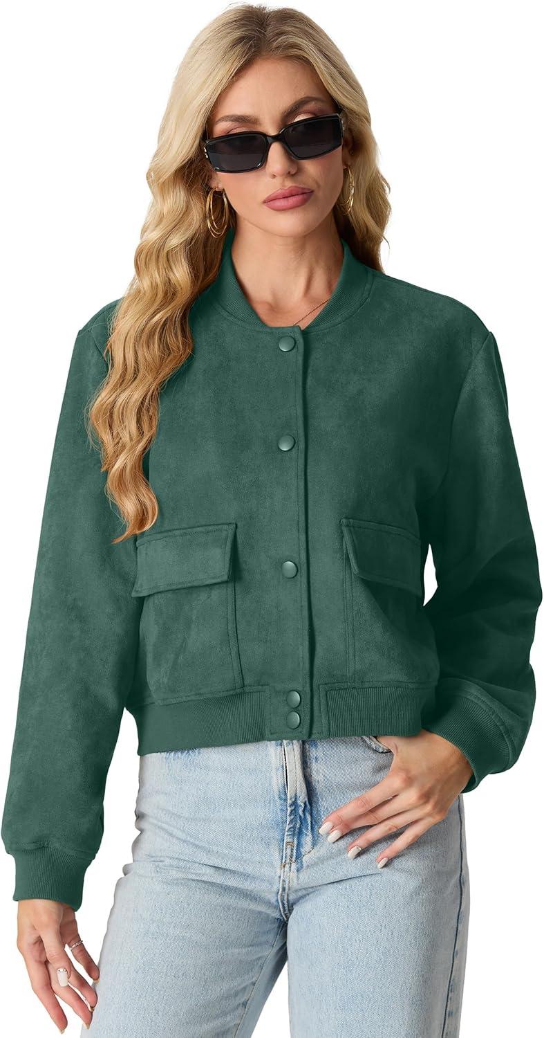 imageGRECERELLE Womens Faux Suede Leather Bomber Jacket Cropped Button Down Long Sleeve Casual Varsity Baseball With PocketsDark Green