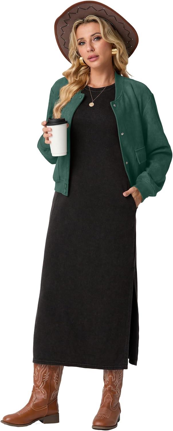 imageGRECERELLE Womens Faux Suede Leather Bomber Jacket Cropped Button Down Long Sleeve Casual Varsity Baseball With PocketsDark Green