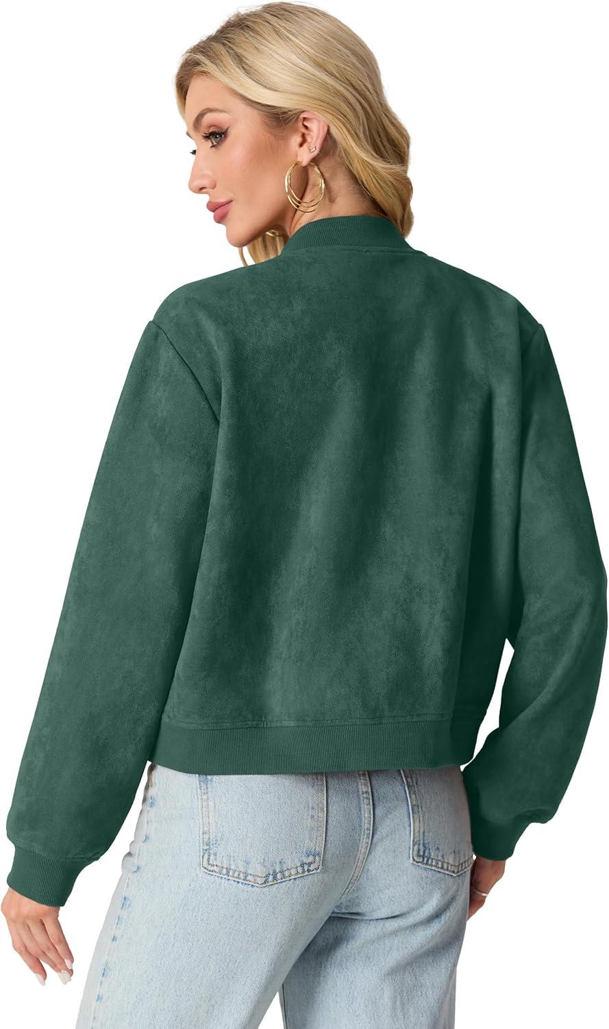 imageGRECERELLE Womens Faux Suede Leather Bomber Jacket Cropped Button Down Long Sleeve Casual Varsity Baseball With PocketsDark Green