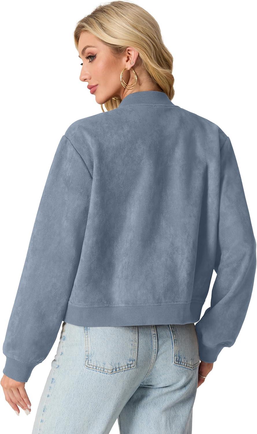 imageGRECERELLE Womens Faux Suede Leather Bomber Jacket Cropped Button Down Long Sleeve Casual Varsity Baseball With PocketsDenim Blue
