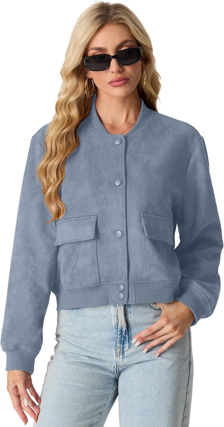 imageGRECERELLE Womens Faux Suede Leather Bomber Jacket Cropped Button Down Long Sleeve Casual Varsity Baseball With PocketsDenim Blue