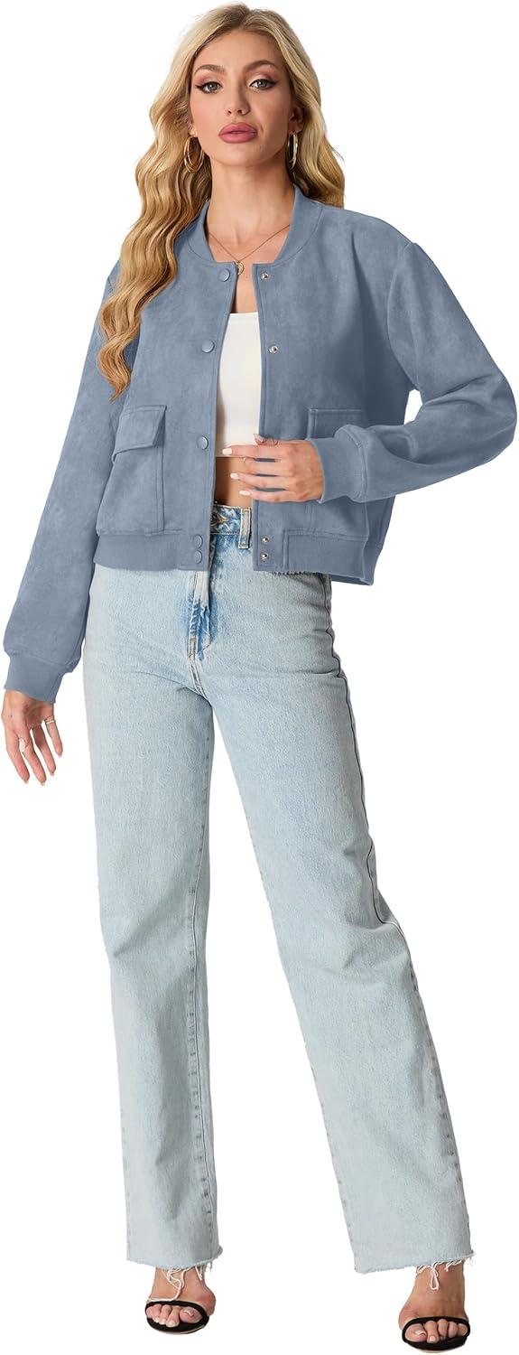 imageGRECERELLE Womens Faux Suede Leather Bomber Jacket Cropped Button Down Long Sleeve Casual Varsity Baseball With PocketsDenim Blue