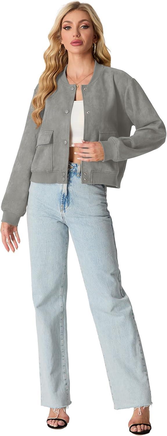 imageGRECERELLE Womens Faux Suede Leather Bomber Jacket Cropped Button Down Long Sleeve Casual Varsity Baseball With PocketsGrey