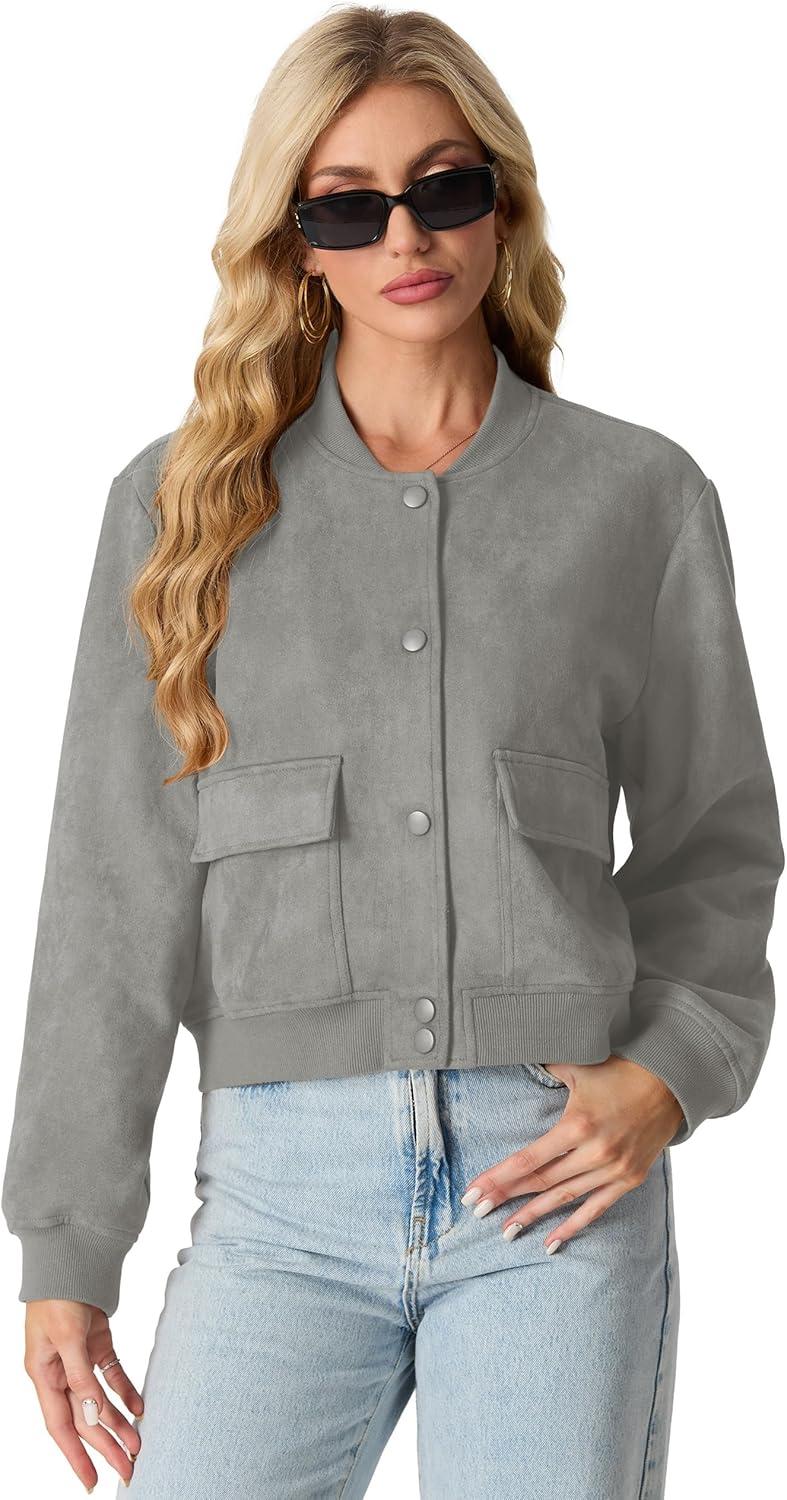 imageGRECERELLE Womens Faux Suede Leather Bomber Jacket Cropped Button Down Long Sleeve Casual Varsity Baseball With PocketsGrey