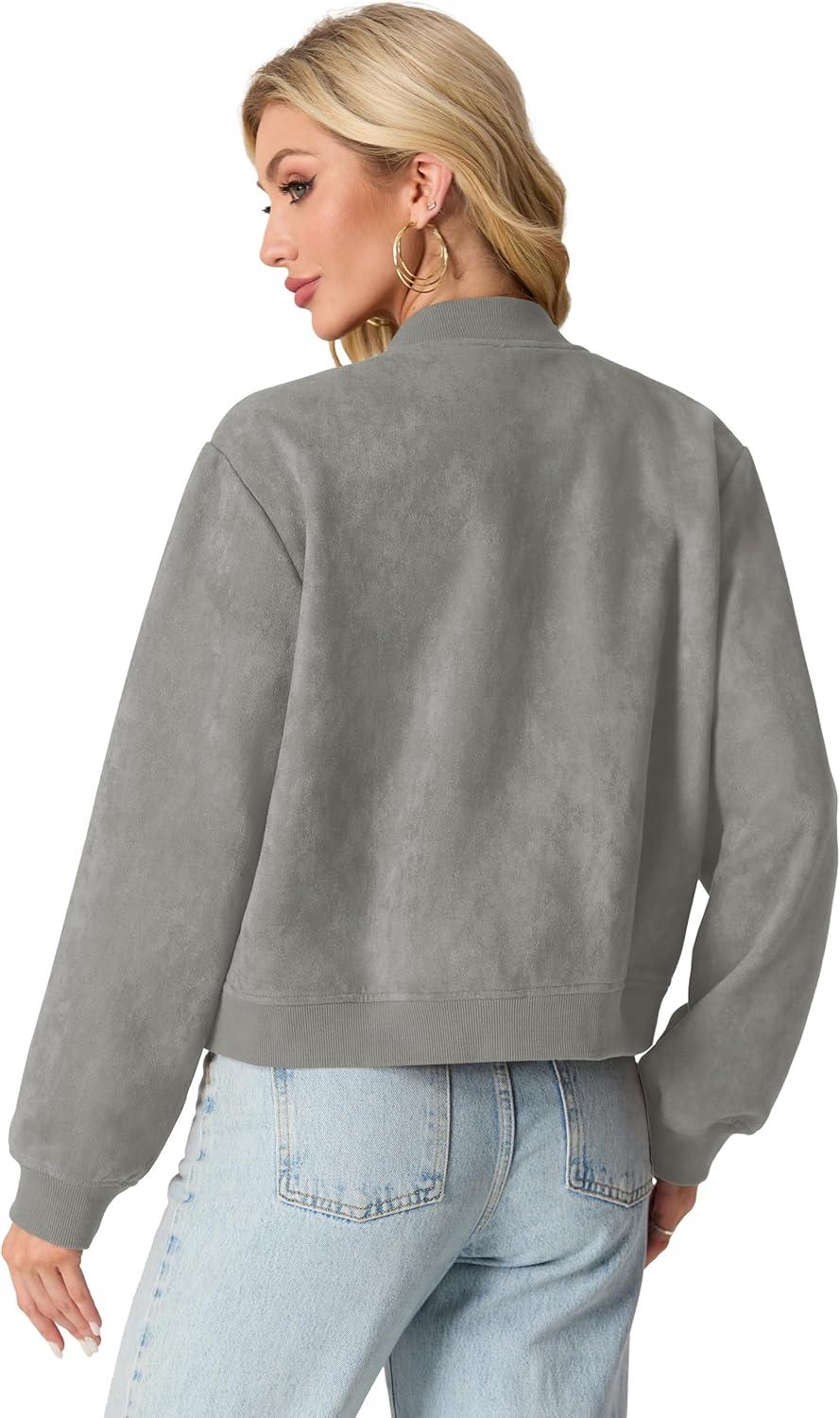 imageGRECERELLE Womens Faux Suede Leather Bomber Jacket Cropped Button Down Long Sleeve Casual Varsity Baseball With PocketsGrey