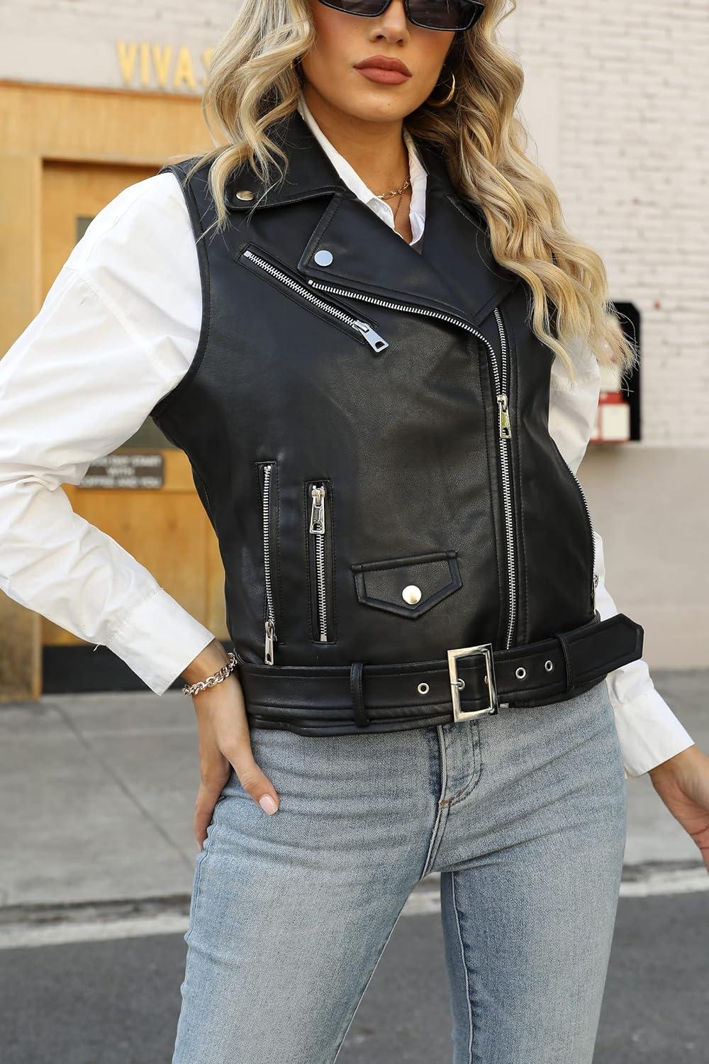 imageGiolshon Women Lapel Sleeveless Motorcycle Jacket Zip Up Waistcoat PU Leather Vest with Belt BlackBlack