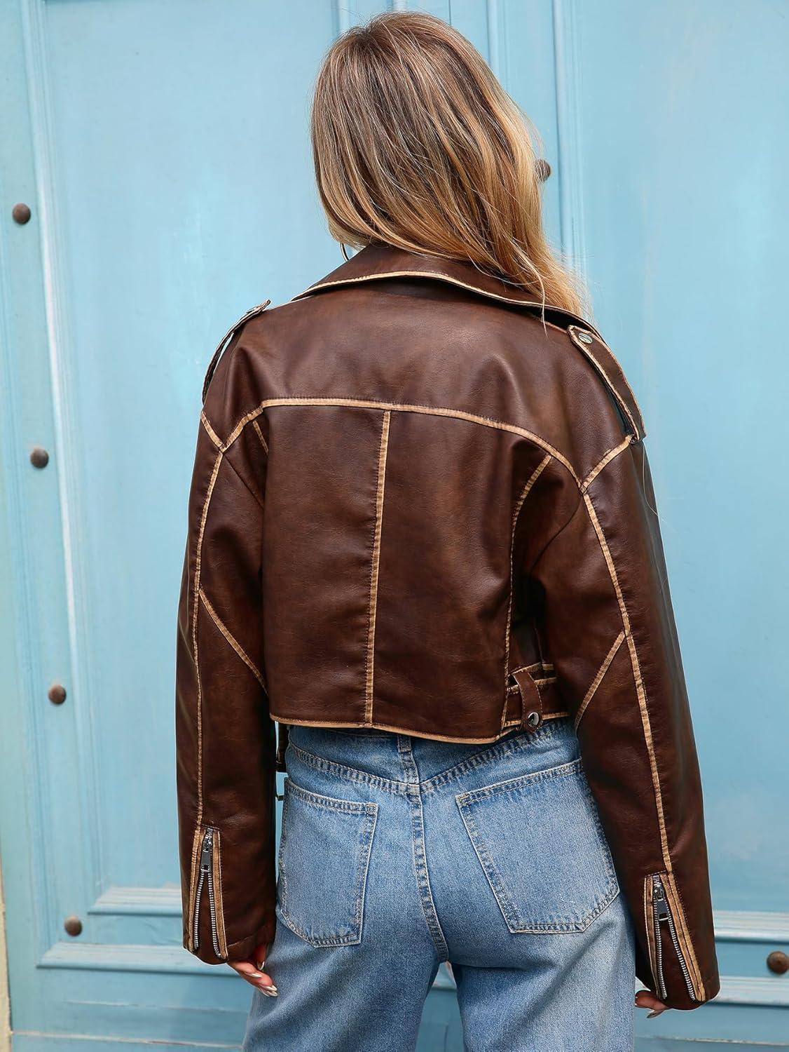 imageLY VAREY LIN Women Faux Leather Cropped Jacket Vegan Motor Biker Coat with Belt2457brown