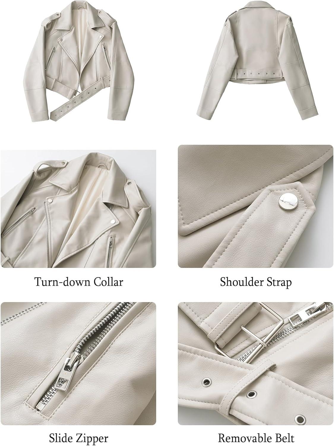imageLY VAREY LIN Women Faux Leather Cropped Jacket Vegan Motor Biker Coat with BeltBeige