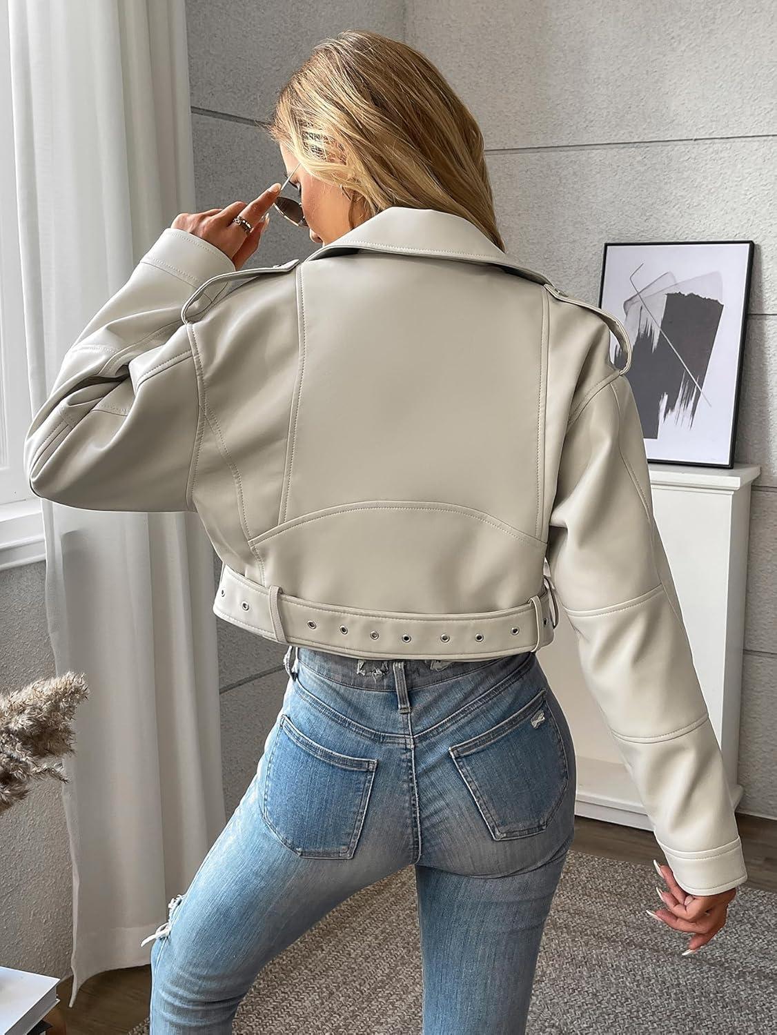 imageLY VAREY LIN Women Faux Leather Cropped Jacket Vegan Motor Biker Coat with BeltBeige