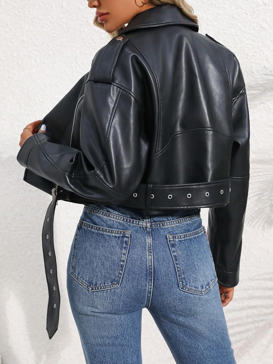 imageLY VAREY LIN Women Faux Leather Cropped Jacket Vegan Motor Biker Coat with BeltBlack