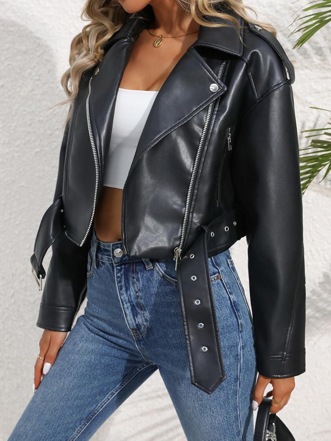 imageLY VAREY LIN Women Faux Leather Cropped Jacket Vegan Motor Biker Coat with BeltBlack