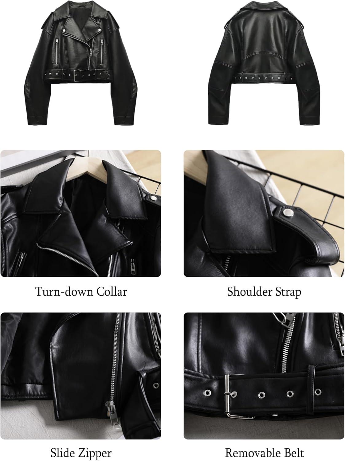 imageLY VAREY LIN Women Faux Leather Cropped Jacket Vegan Motor Biker Coat with BeltBlack