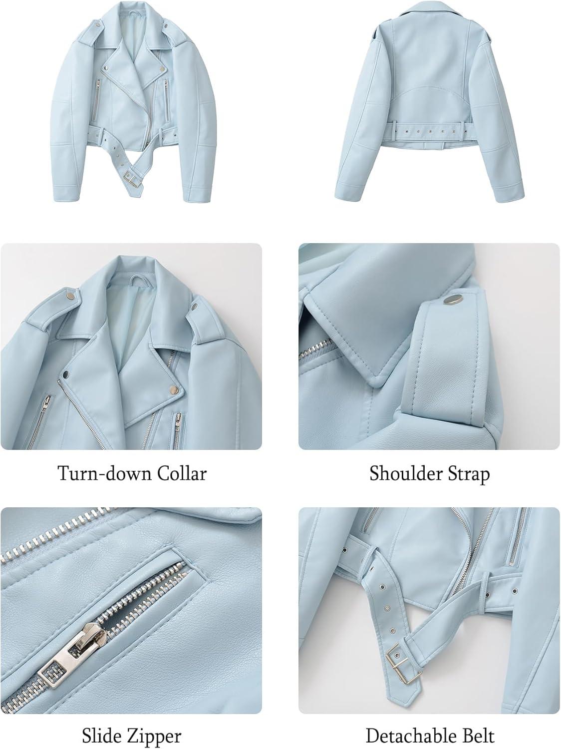 imageLY VAREY LIN Women Faux Leather Cropped Jacket Vegan Motor Biker Coat with BeltBlue