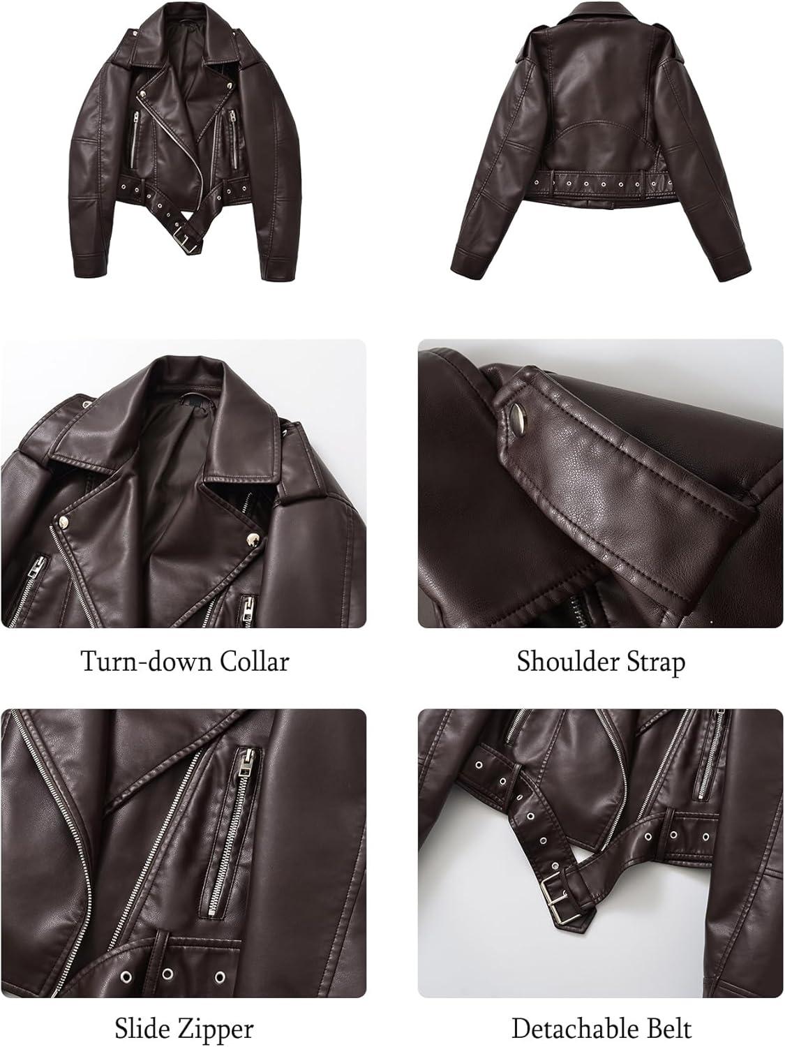 imageLY VAREY LIN Women Faux Leather Cropped Jacket Vegan Motor Biker Coat with BeltChocolate